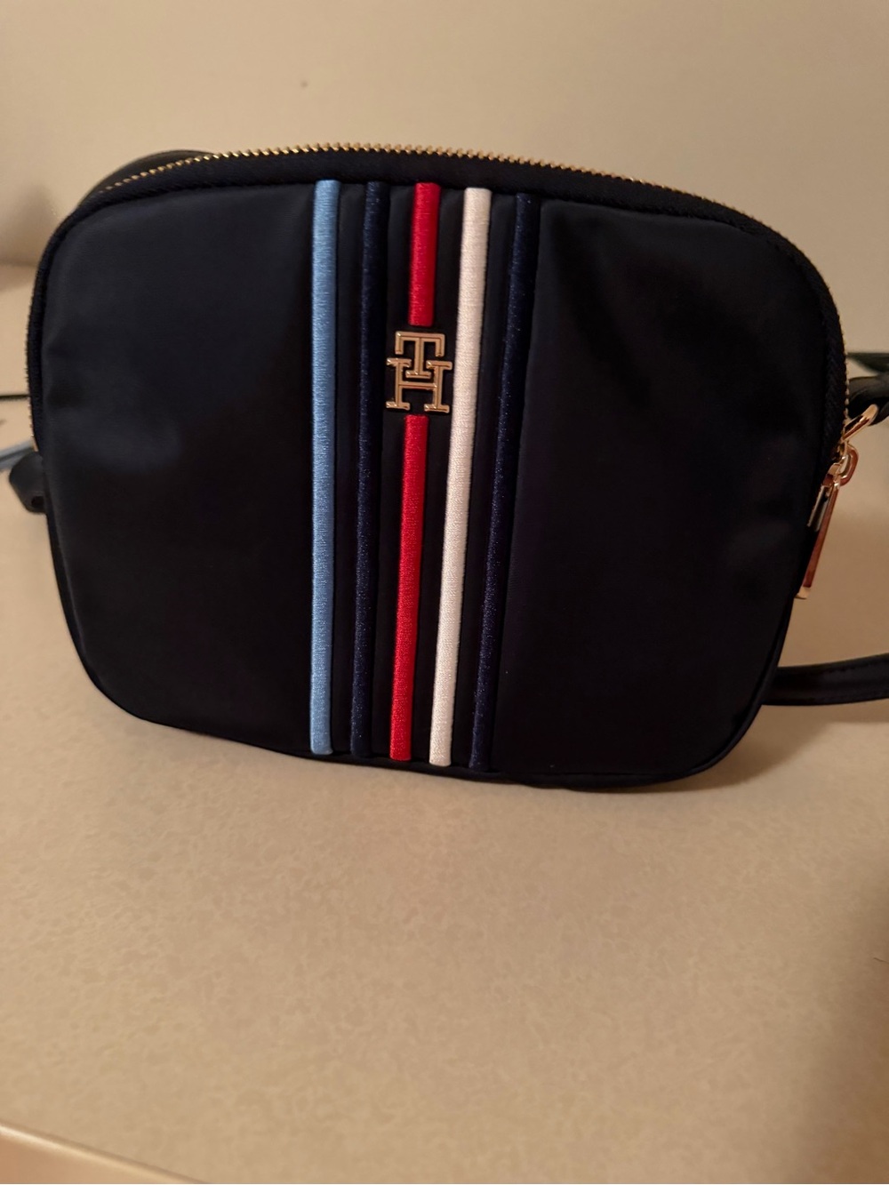 Tommy Hilfiger Navy Crossbody with Red, White & Light Blue Stripe Detail